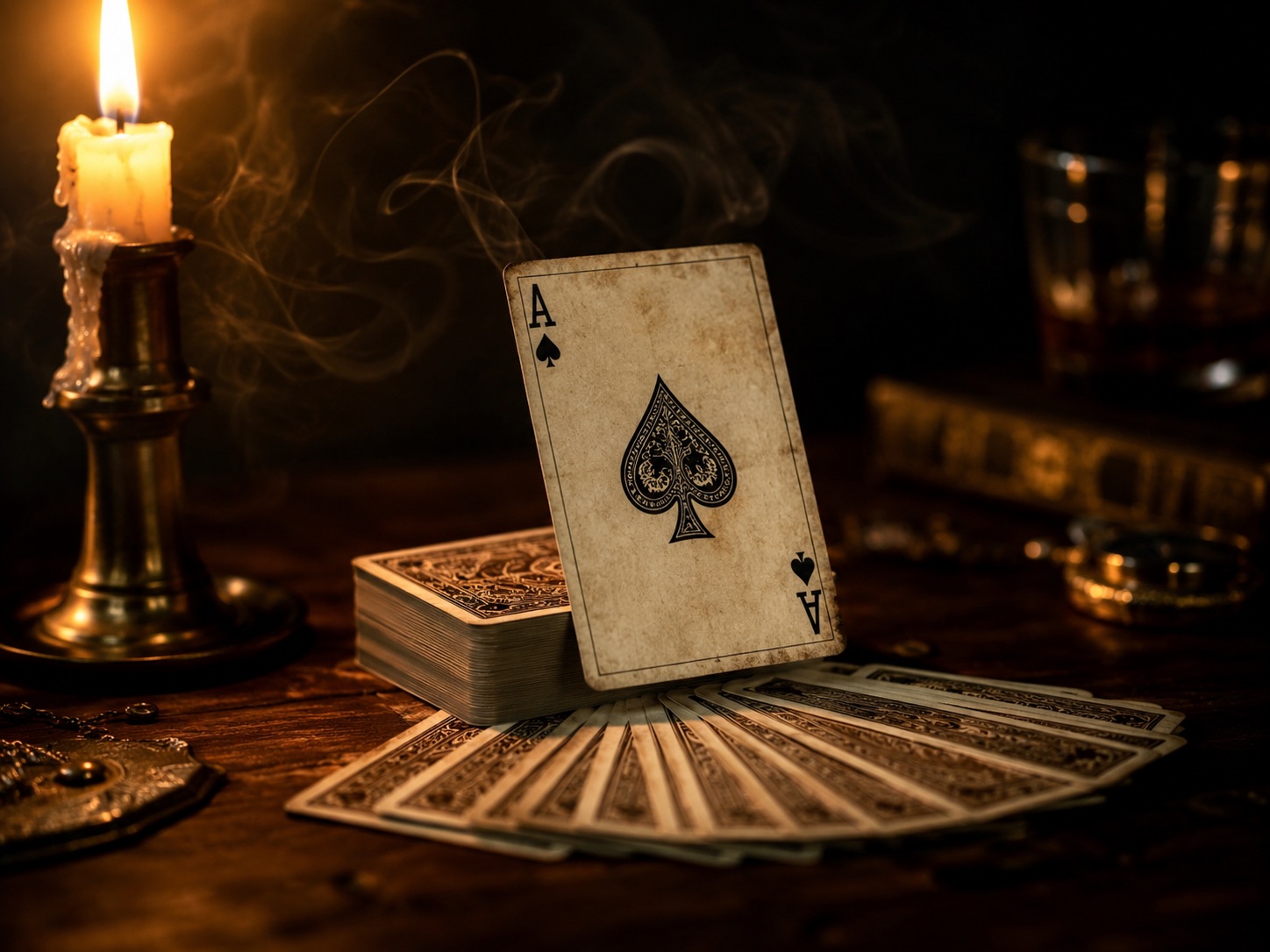 As de pique dressé sur un jeu de cartes, à la lueur d’une chandelle